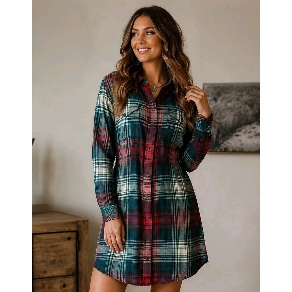 KAVU Western Plaid Flannel Shirt Dress Boho Chic SZ L 100% Cotton Red Green